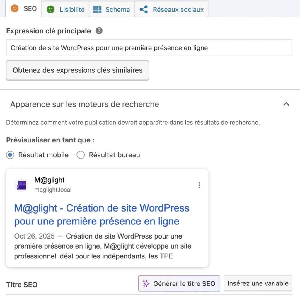 copie d'écran de la configuration de yoast seo